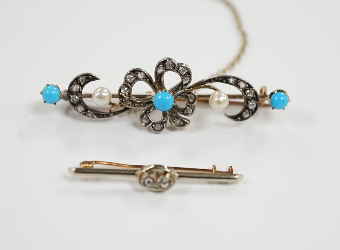 A Victorian yellow metal turquoise and rose cut diamond set bar brooch, 47mm and a simulated diamond set bar brooch.